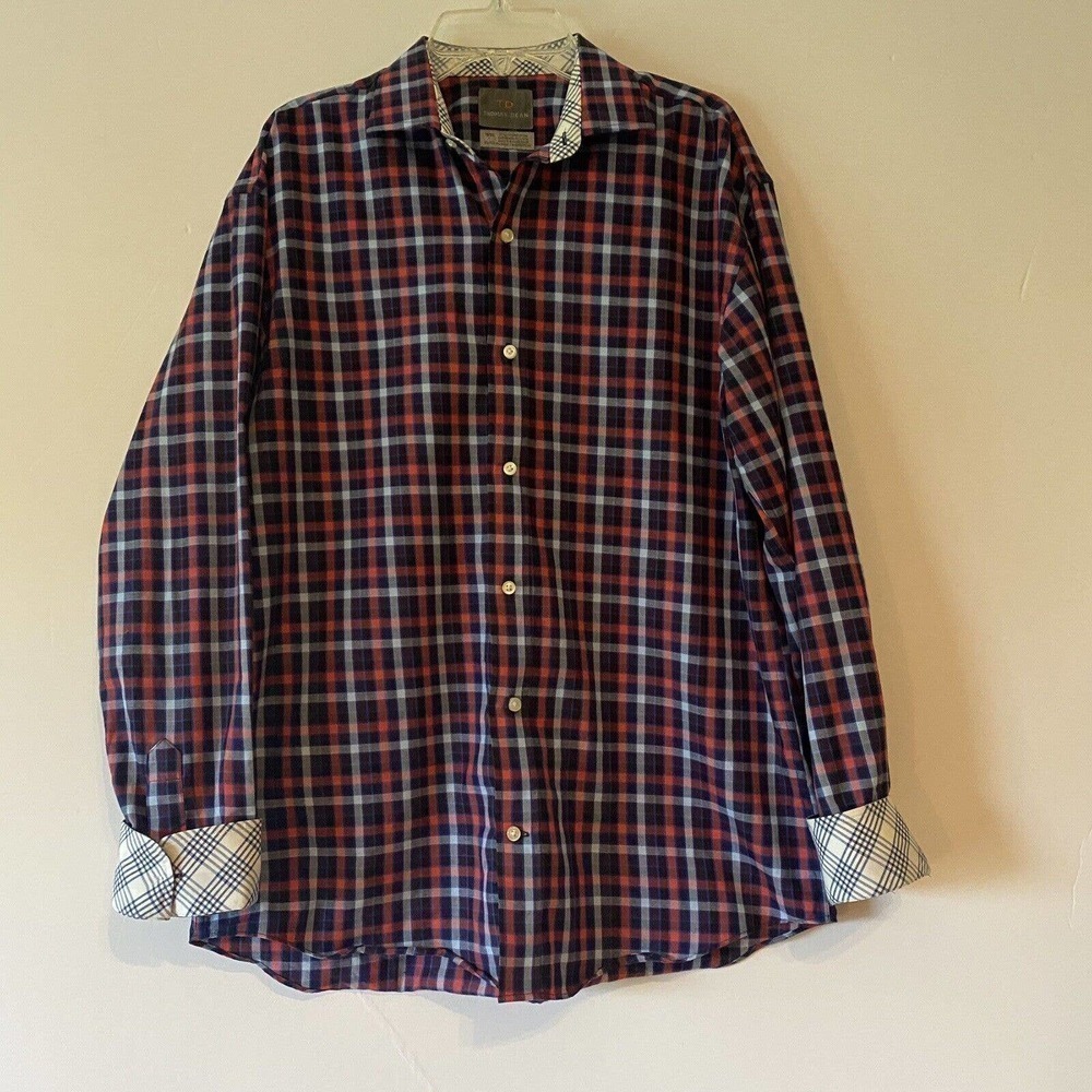 THOMAS Dean Shirt Striped Flip Cuff Long Sleeve Button-Down Blue Red XL